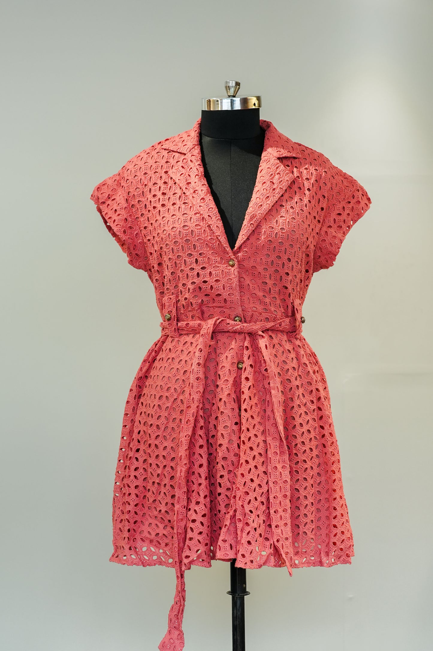 Crytine Schiffli Belted Short Dress