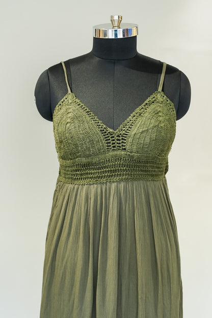 Green Schiffli Work Long Slip Dress