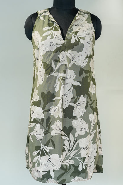 Green Printed Cut Sleeves Dress