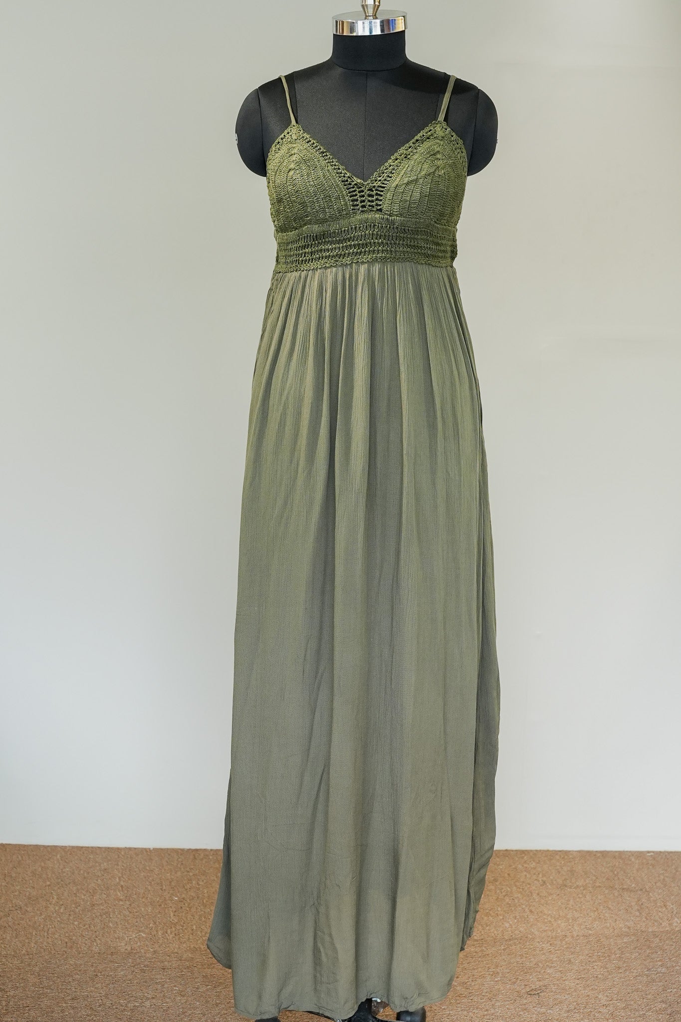 Green Schiffli Work Long Slip Dress