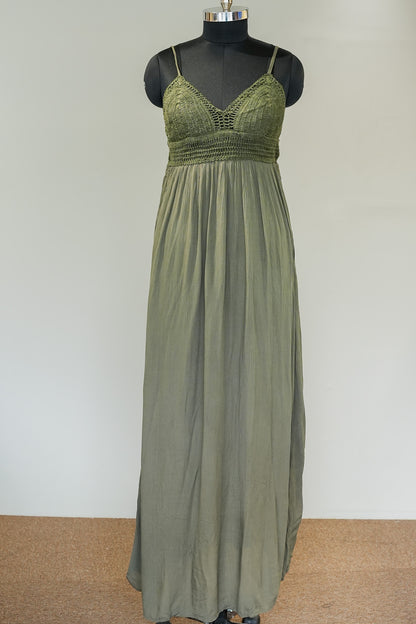 Green Schiffli Work Long Slip Dress