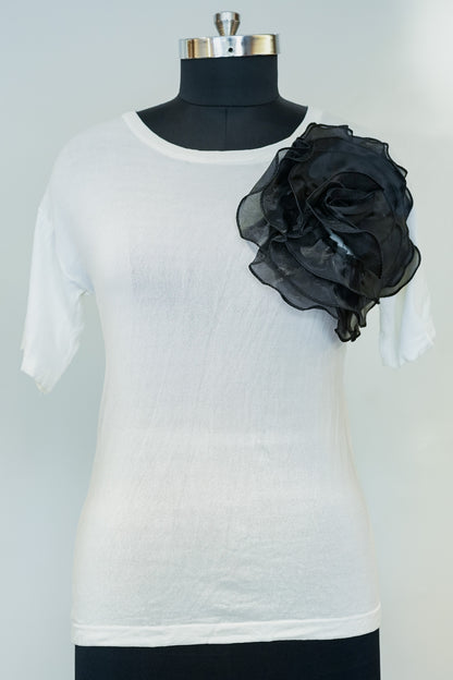 White Tshirt with Organza Flower Detailing