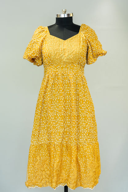 Yellow Schiffli Work Dress