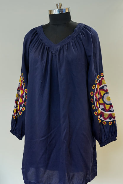 Blue Embroidered Short Kurti