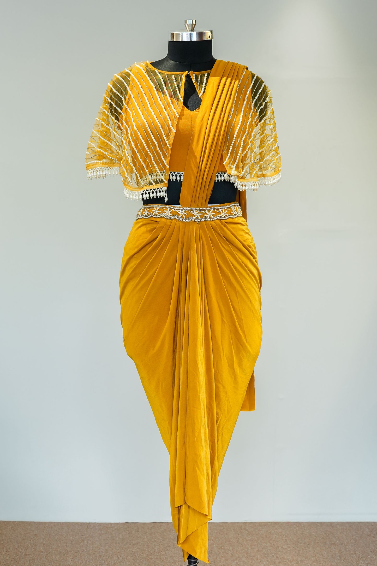 Mustard Embellised Drape Saree