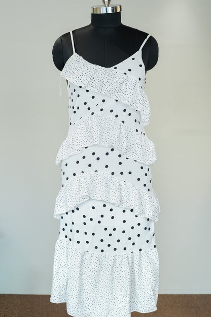 White Polka Dot Ruffle Midi Dress