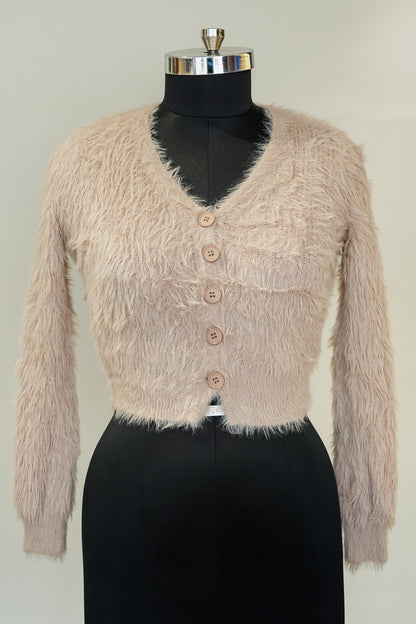 Beige Front Buttoned Frill Top