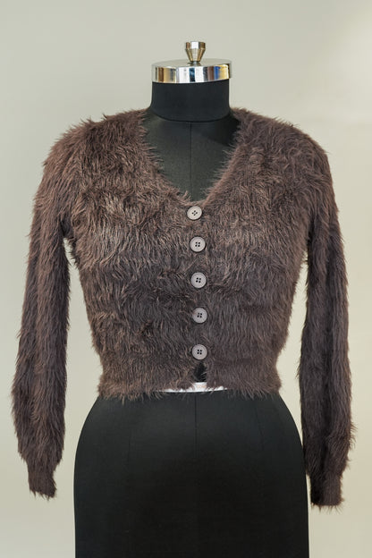 Brown Front Buttoned Frill Top