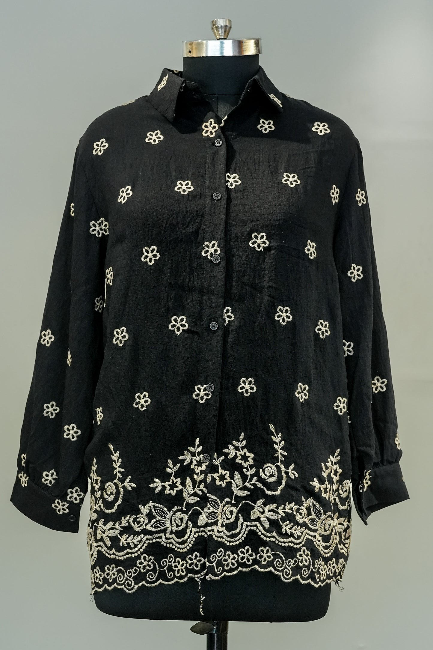 Black Floral Embroidered Shirt
