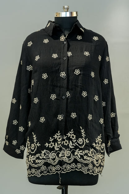 Black Floral Embroidered Shirt