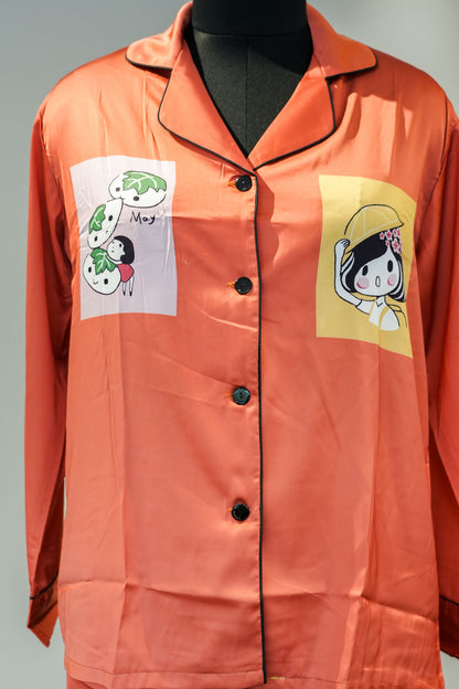 Rust Printed Satin Nightsuit