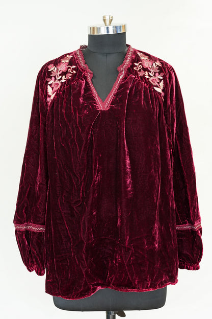 Wine Embroidered Velvet Short Kurti