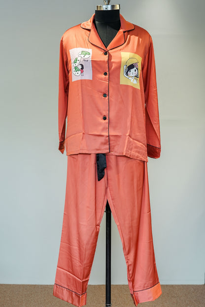Rust Printed Satin Nightsuit