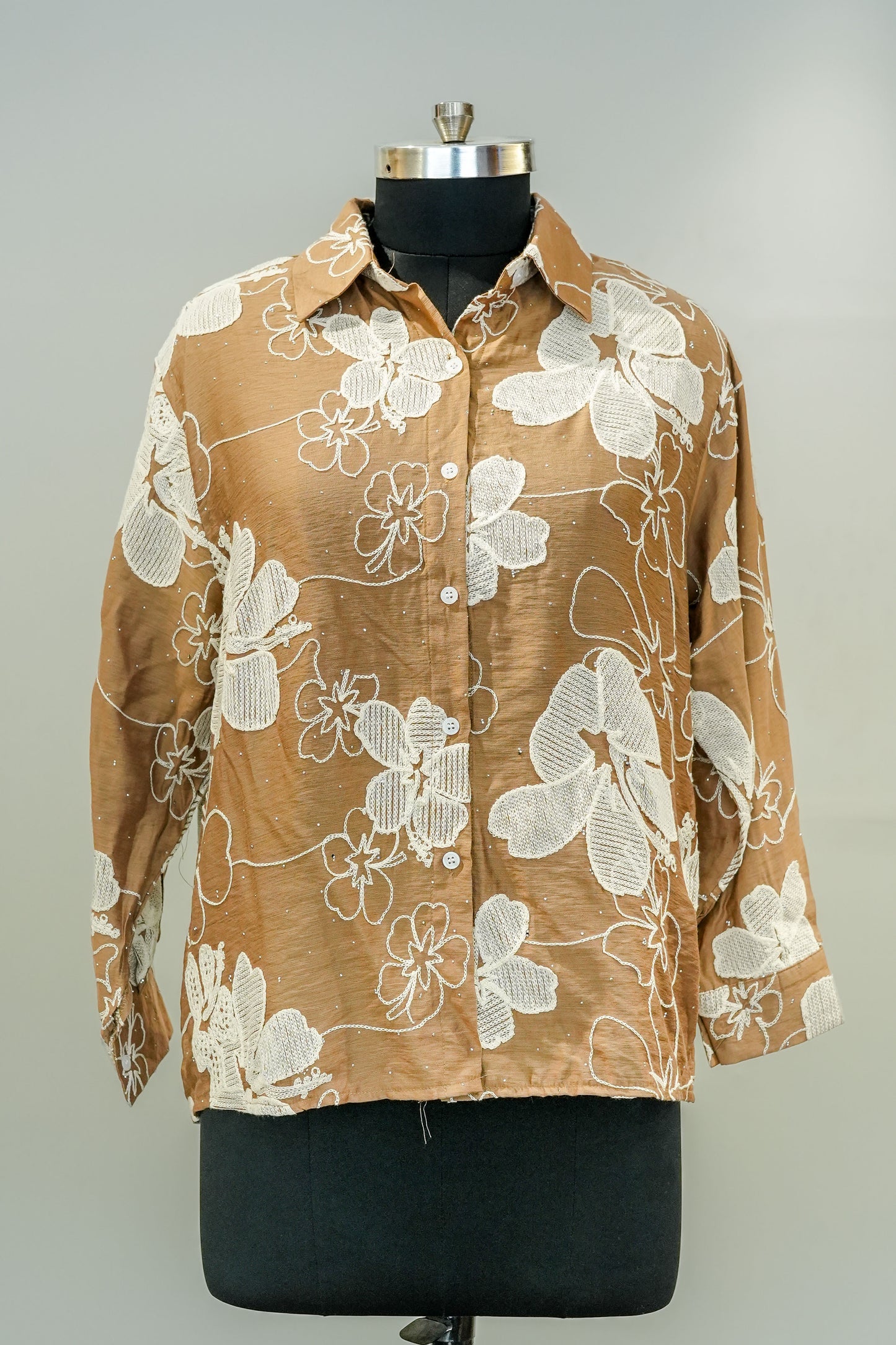 Beige Floral Embroidered Shirt