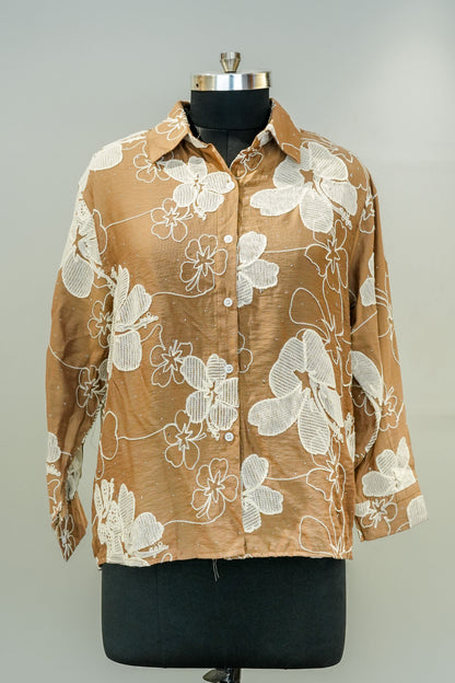 Beige Floral Embroidered Shirt