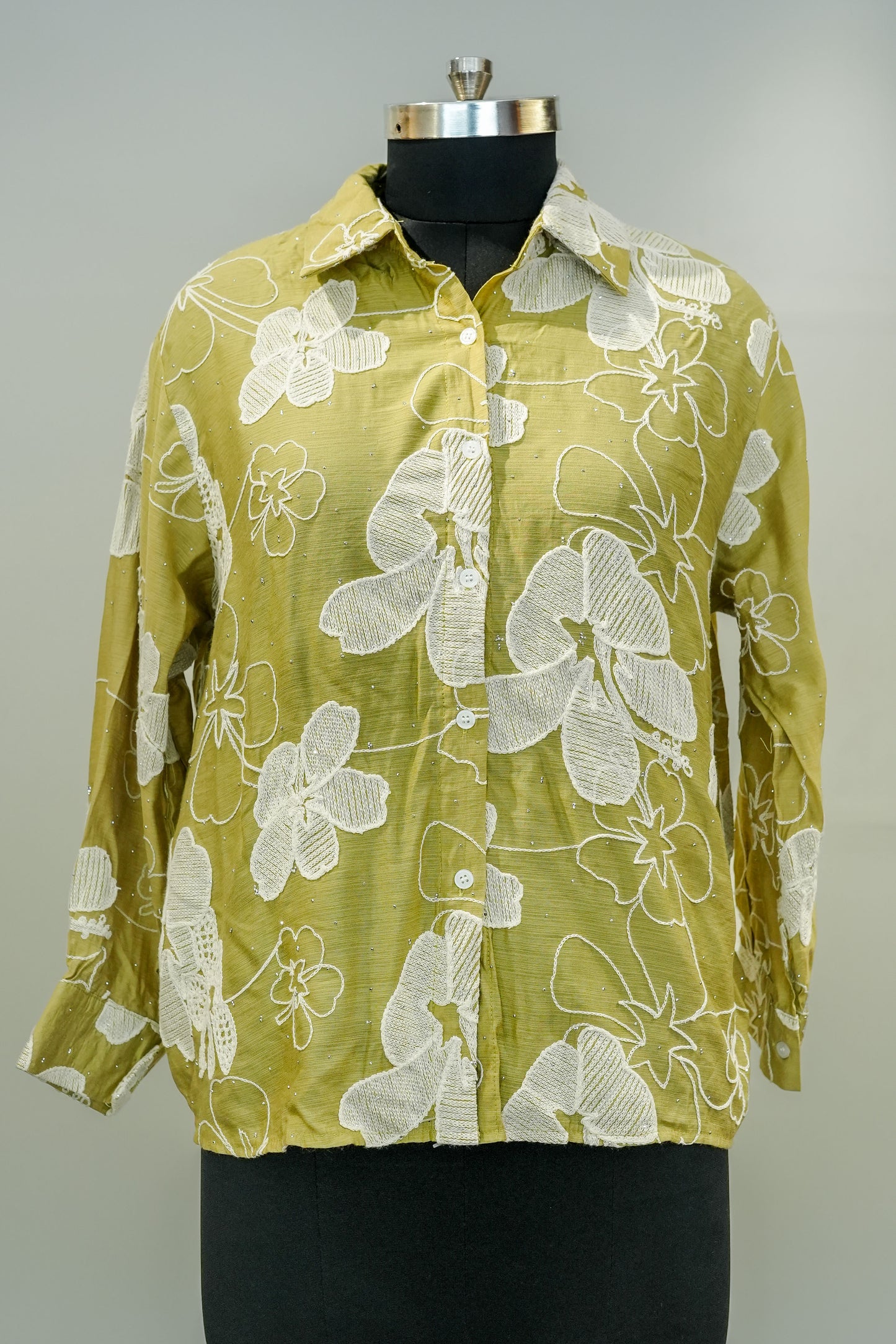 Green Floral Embroidered Shirt