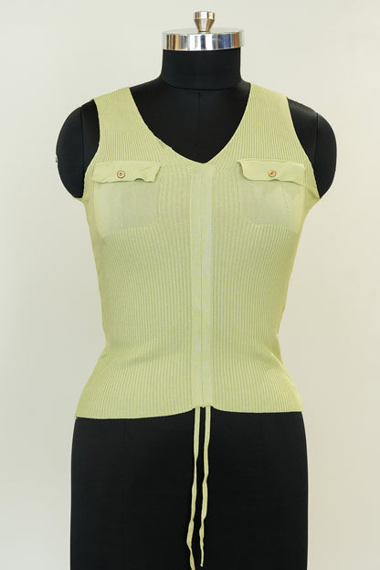 Green Front Knot Cut Sleeves Top