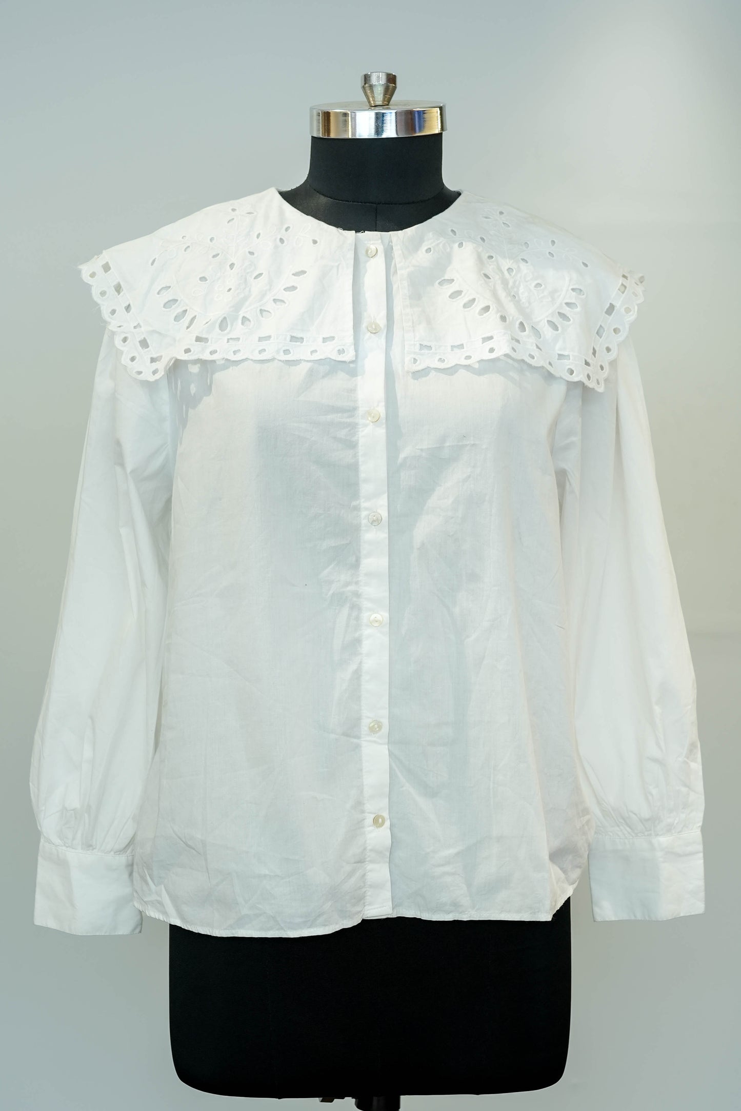 White Full Sleeves Schiffli Work Shirt
