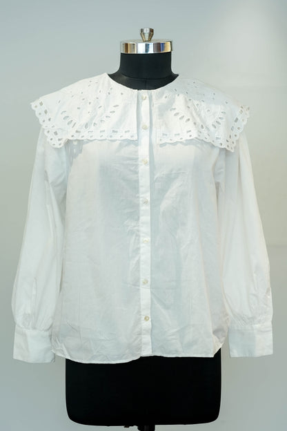 White Full Sleeves Schiffli Work Shirt