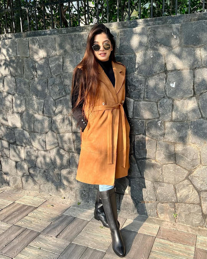 Suede Coat with Detachable Sleeves