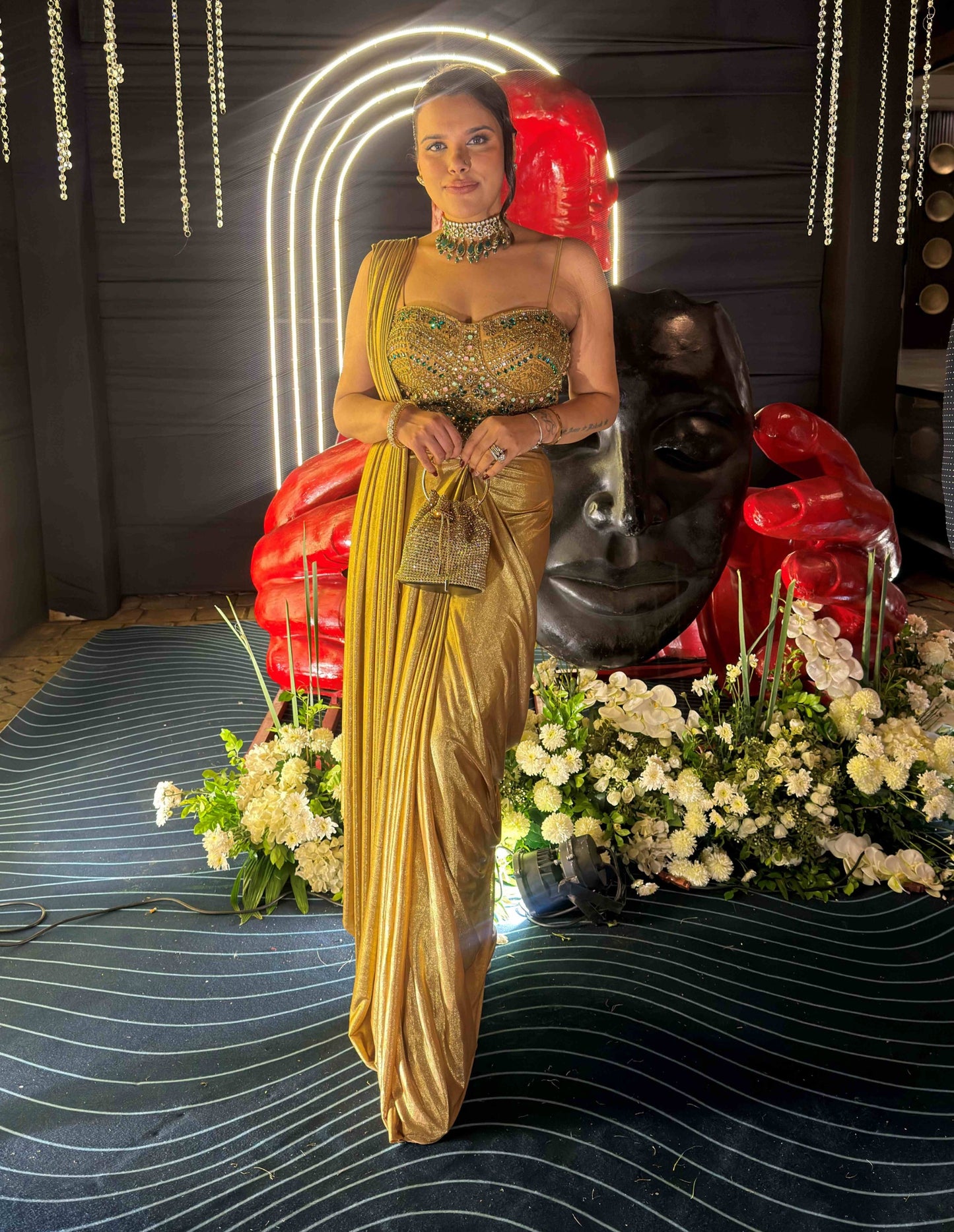 Nihara Golden Hand Embroidered Drape Saree
