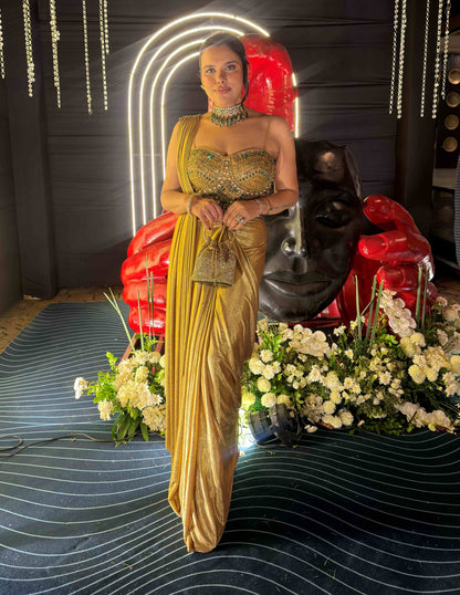 Nihara Golden Hand Embroidered Drape Saree