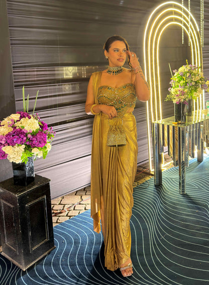 Nihara Golden Hand Embroidered Drape Saree