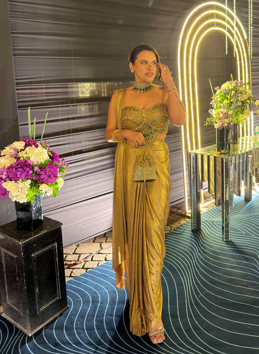 Nihara Golden Hand Embroidered Drape Saree
