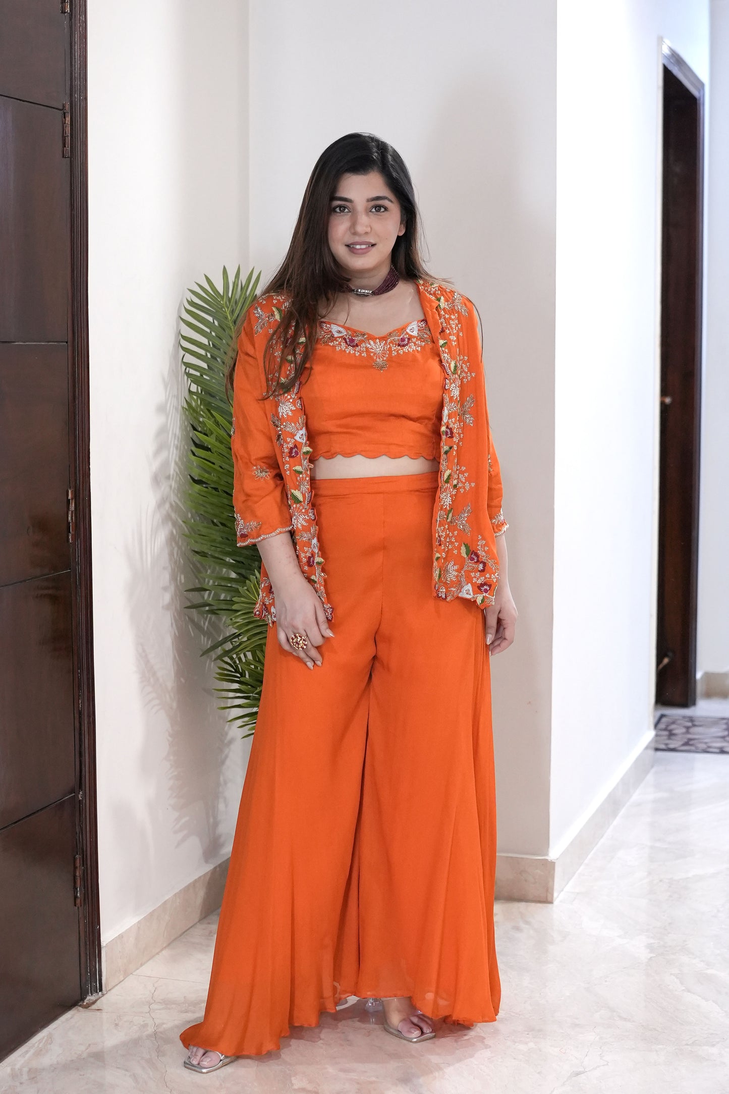 Sanaya Orange Embroidered Three Piece Set