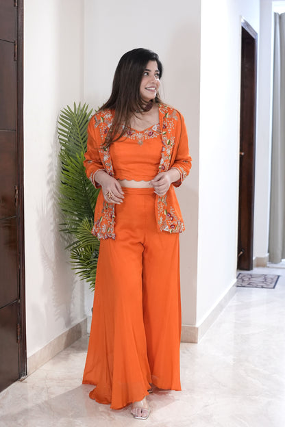 Sanaya Orange Embroidered Three Piece Set