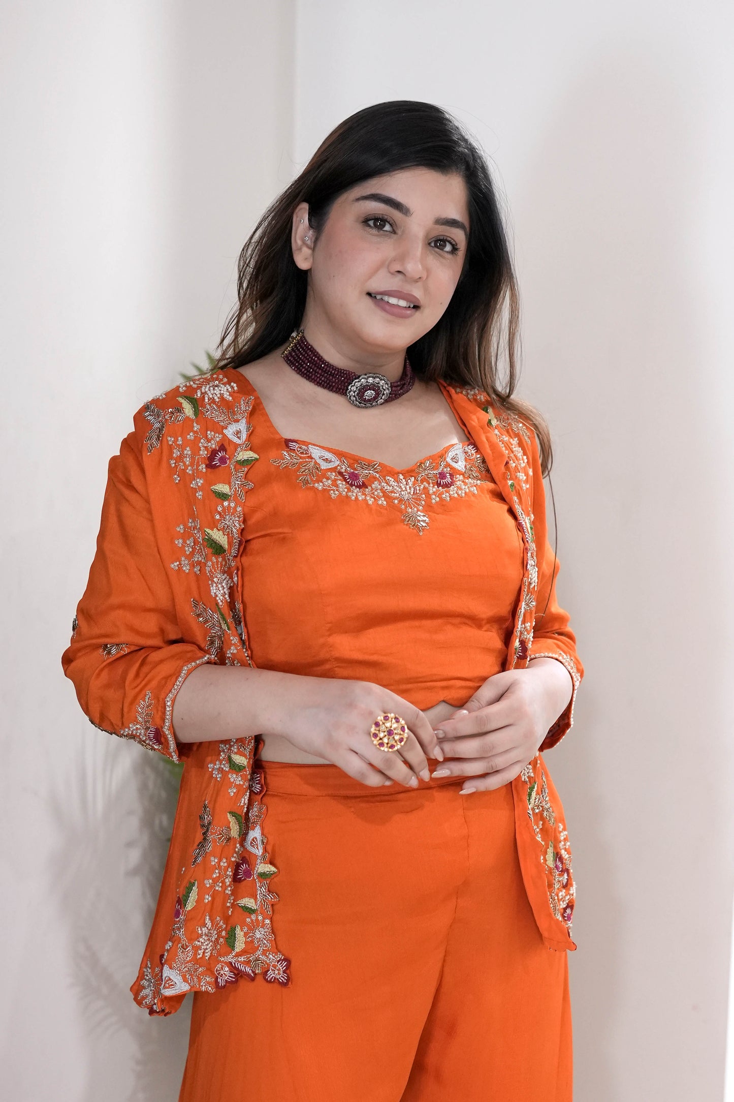 Sanaya Orange Embroidered Three Piece Set