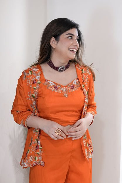 Sanaya Orange Embroidered Three Piece Set