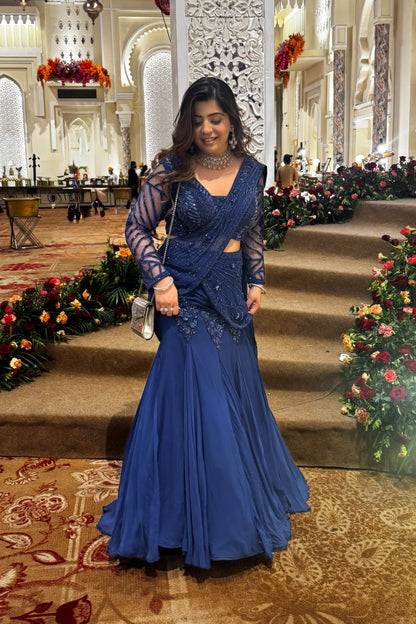 Viha Blue Hand Embroidered Drape Saree