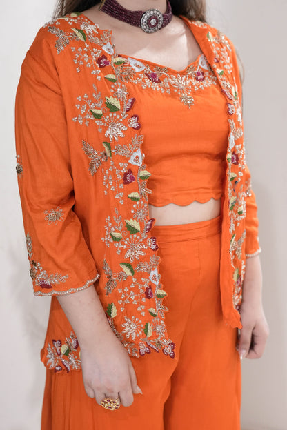 Sanaya Orange Embroidered Three Piece Set