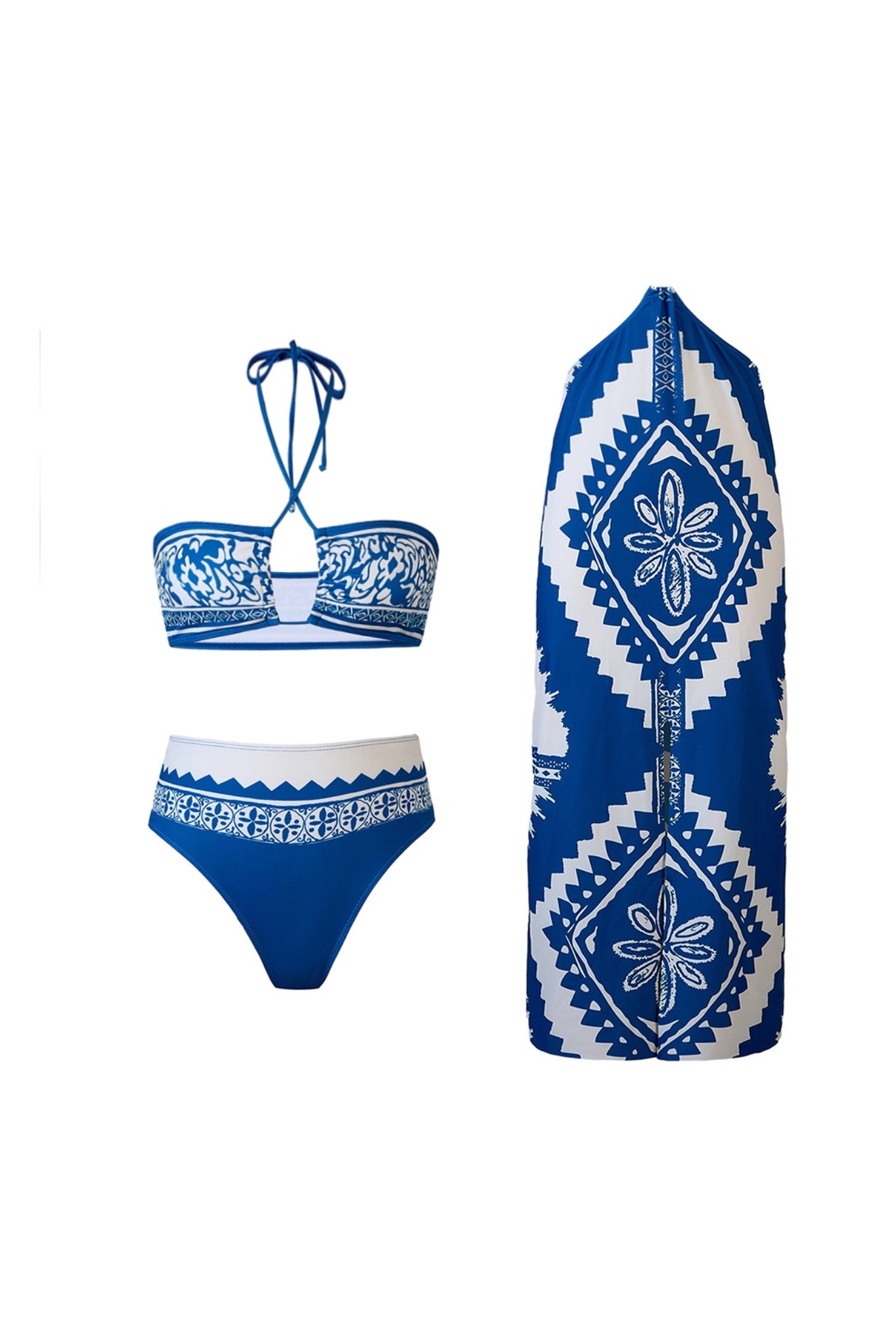 Boho Blue Printed Swimwear With Sarong