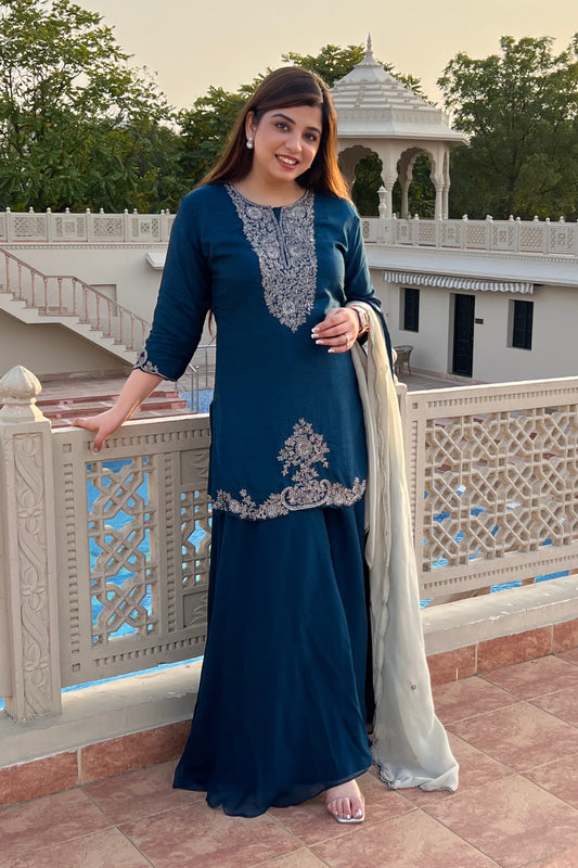 Ruwa Blue Embroidered Suit Set