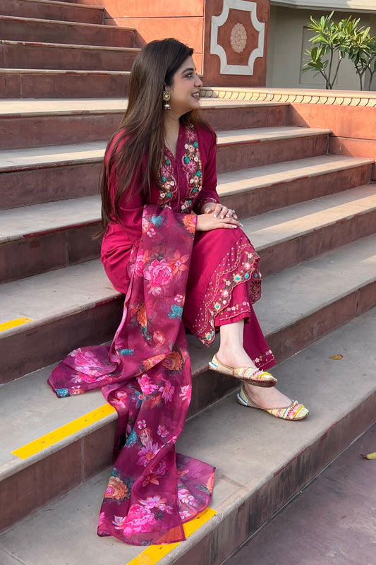 Zoya Wine Embroidered Suit Set