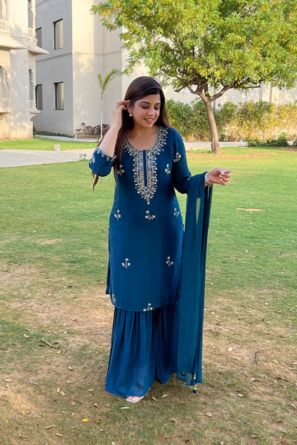 Sarah Blue Embroidered Sharara Suit Set