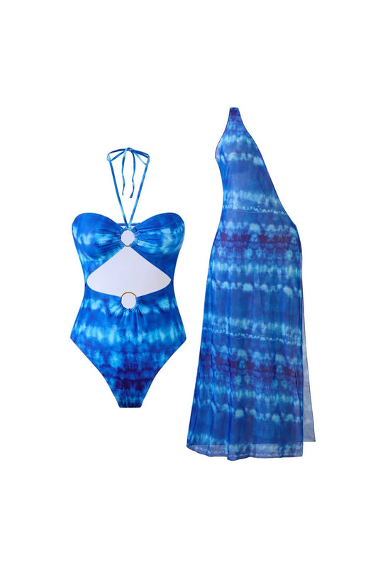 Blue Printed Swimwear With Cape