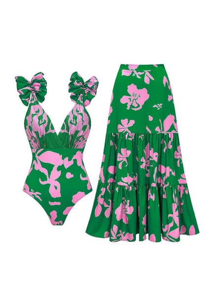 Girl Green Tropical Swimsuit With Skirt