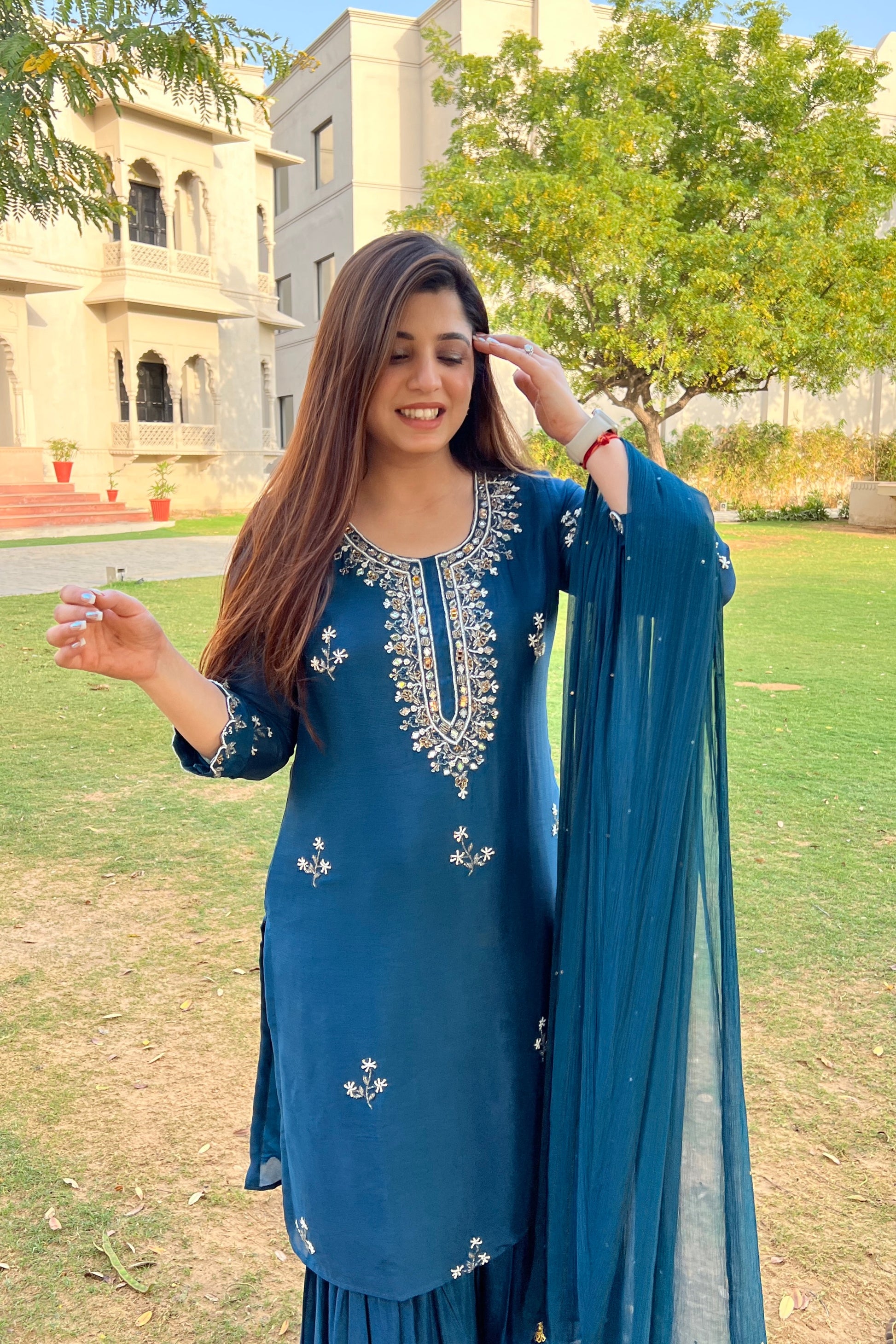 Sarah Blue Embroidered Sharara Suit Set