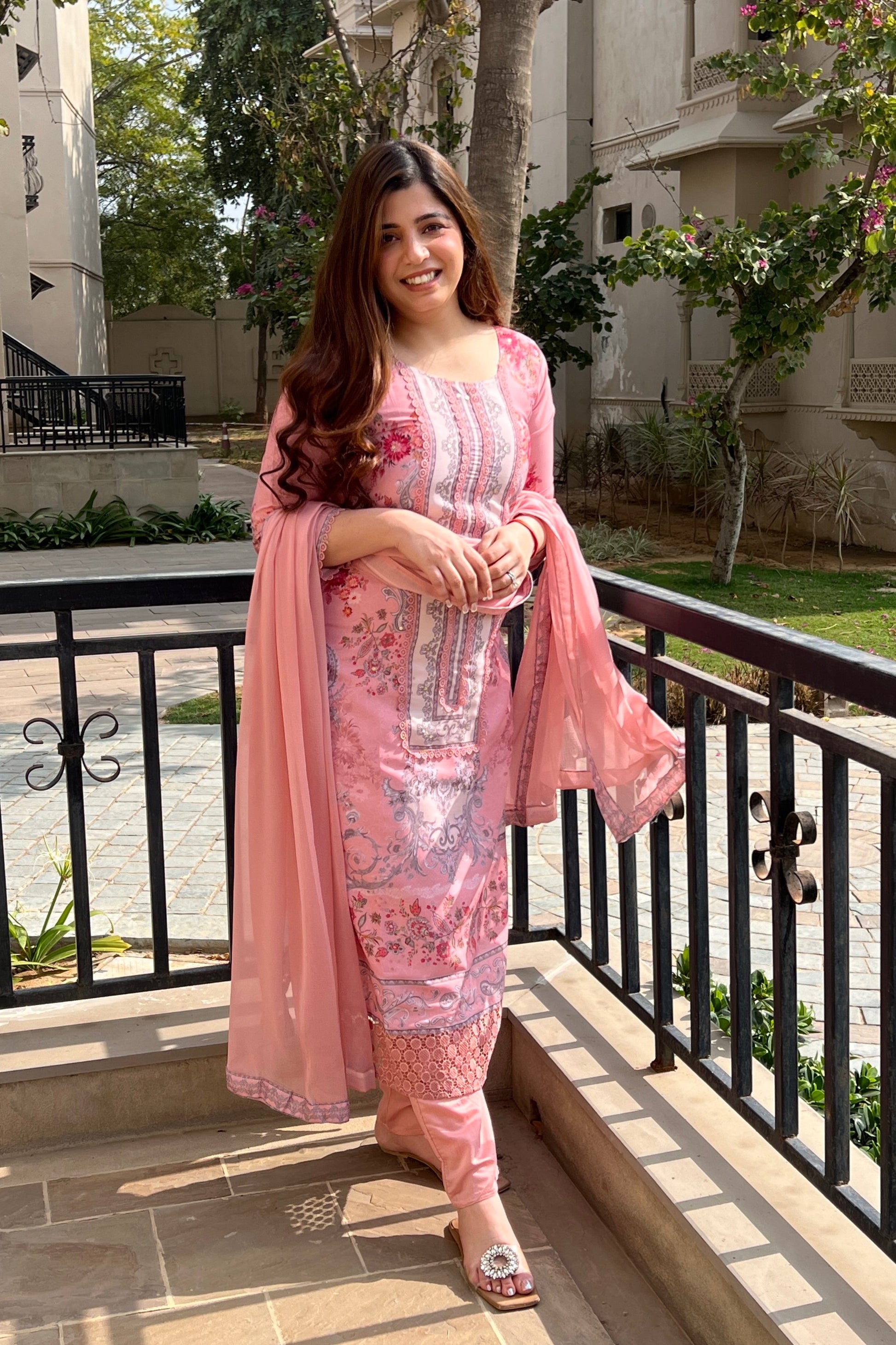 Zeril Peach Printed Pakistani Suit