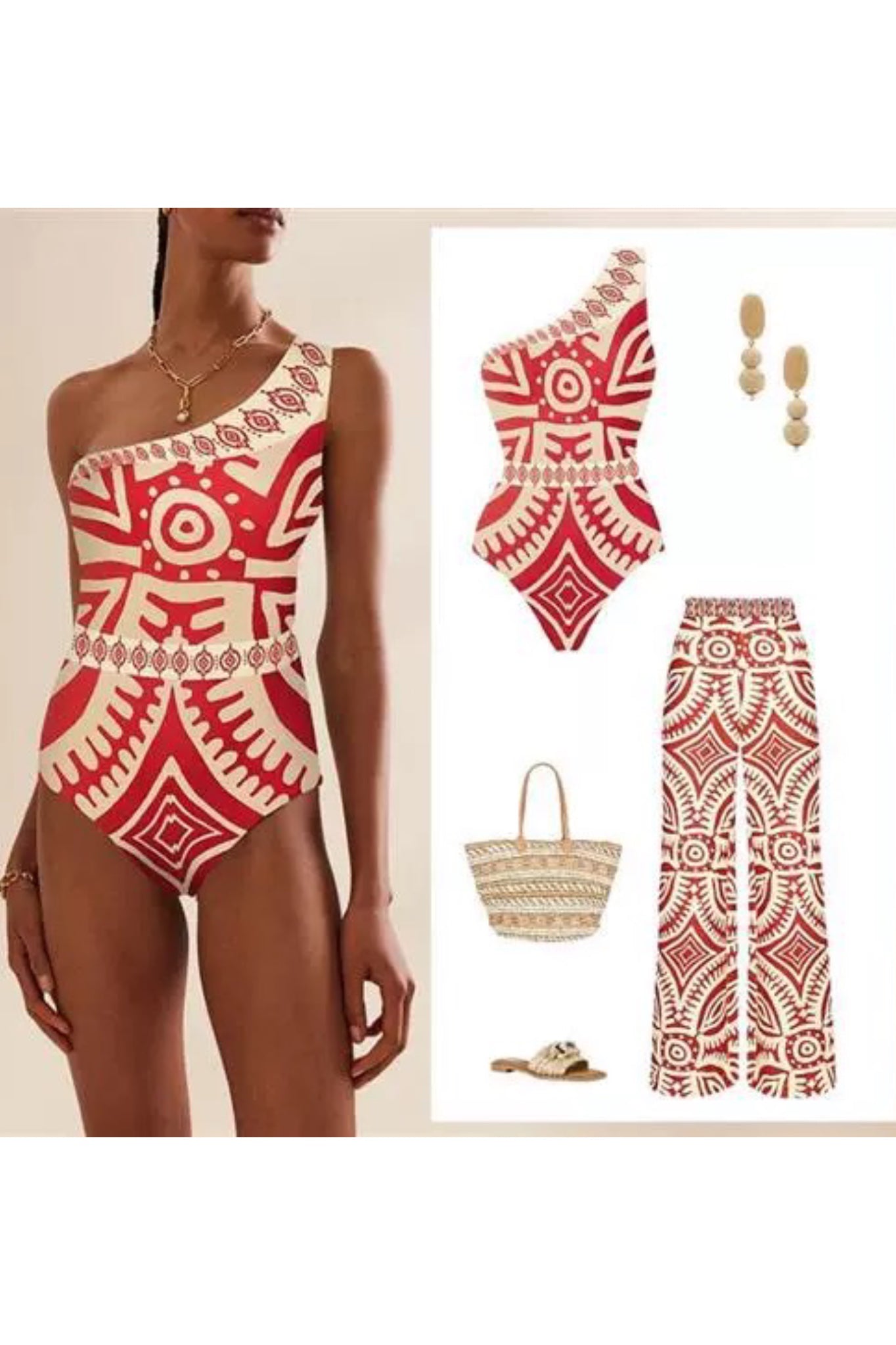 Orange Printed Swimsuit With Pant