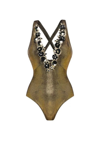 Black Metallic Swimsuit With Sarong
