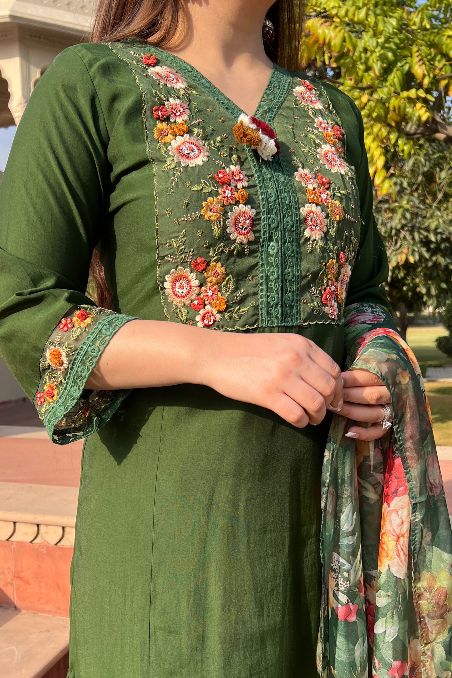 Zoya Green Embroidered Suit Set