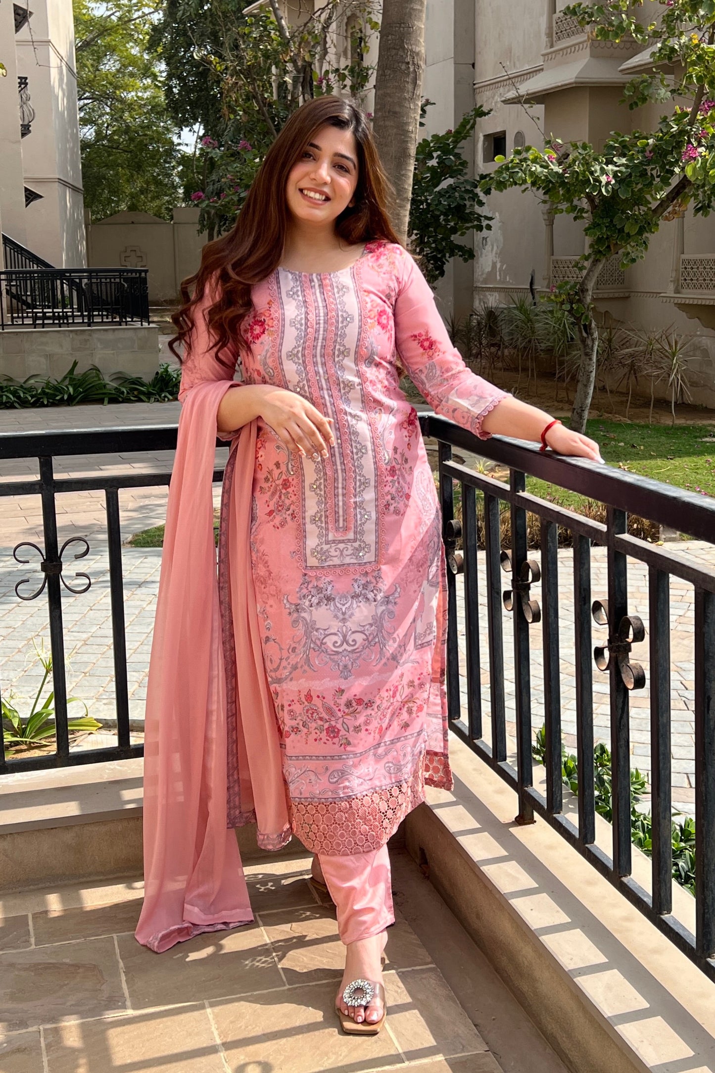 Zeril Peach Printed Pakistani Suit