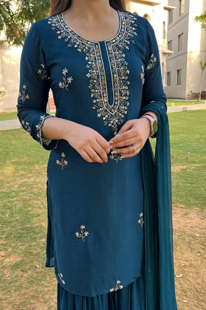 Sarah Blue Embroidered Sharara Suit Set