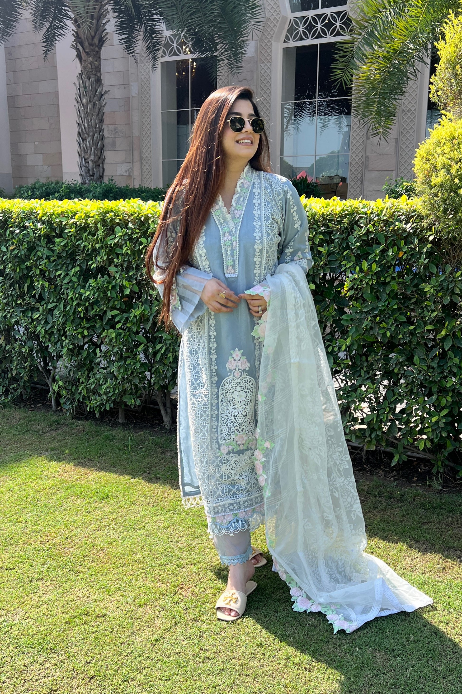 Seerna Grey Luxe Cutwork Suit Set