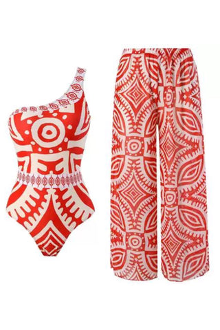 Orange Printed Swimsuit With Pant