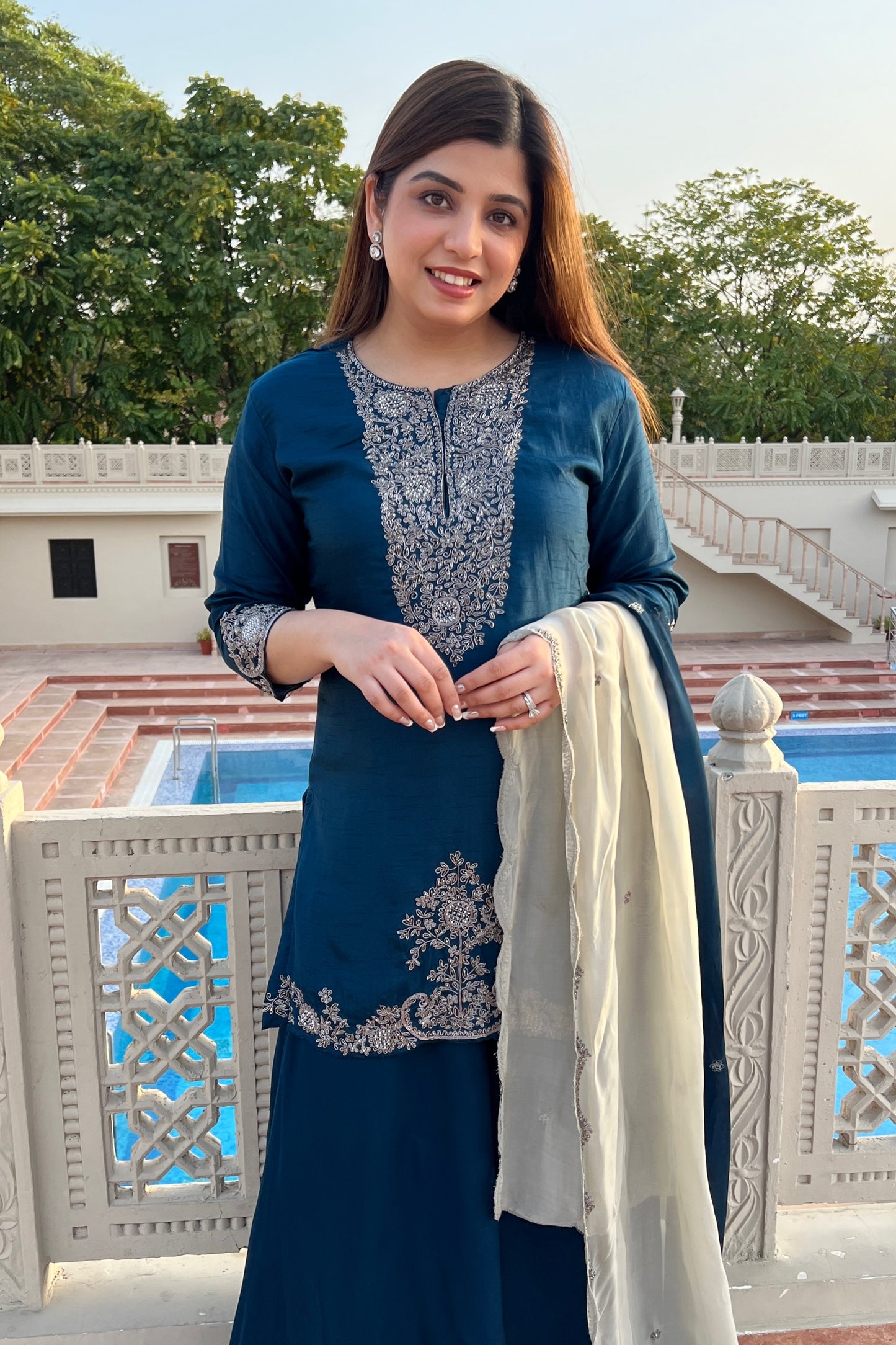 Ruwa Blue Embroidered Suit Set